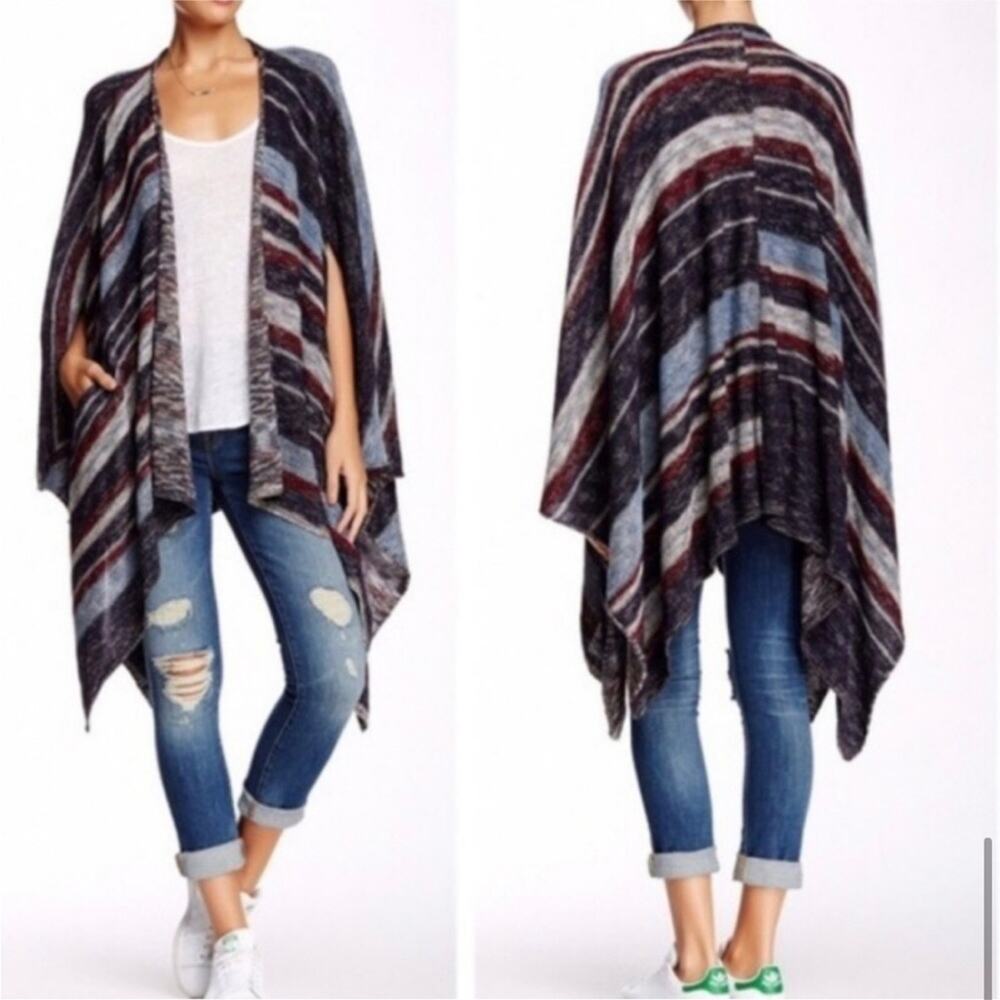Free People Big Trail navy maroon gray striped sweater cardigan size Extra Small